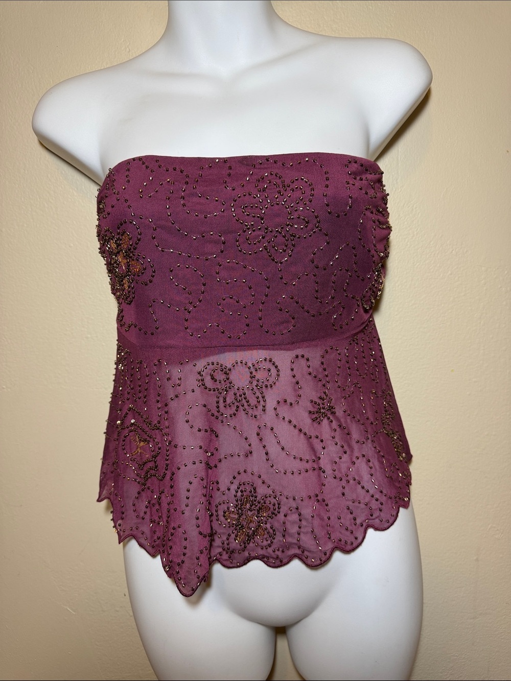 Strapless Beaded Floral Peplum Dress in Plum